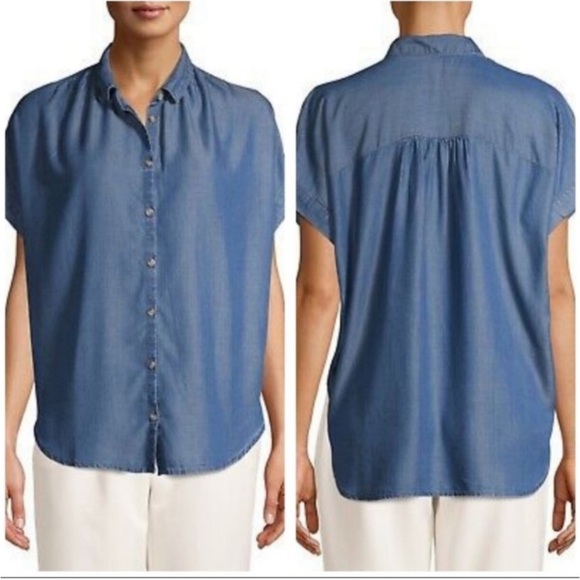 J McLaughlin women small 4 6 Shirt Top Chambray Button Down Alondra short sleeve - Picture 8 of 9